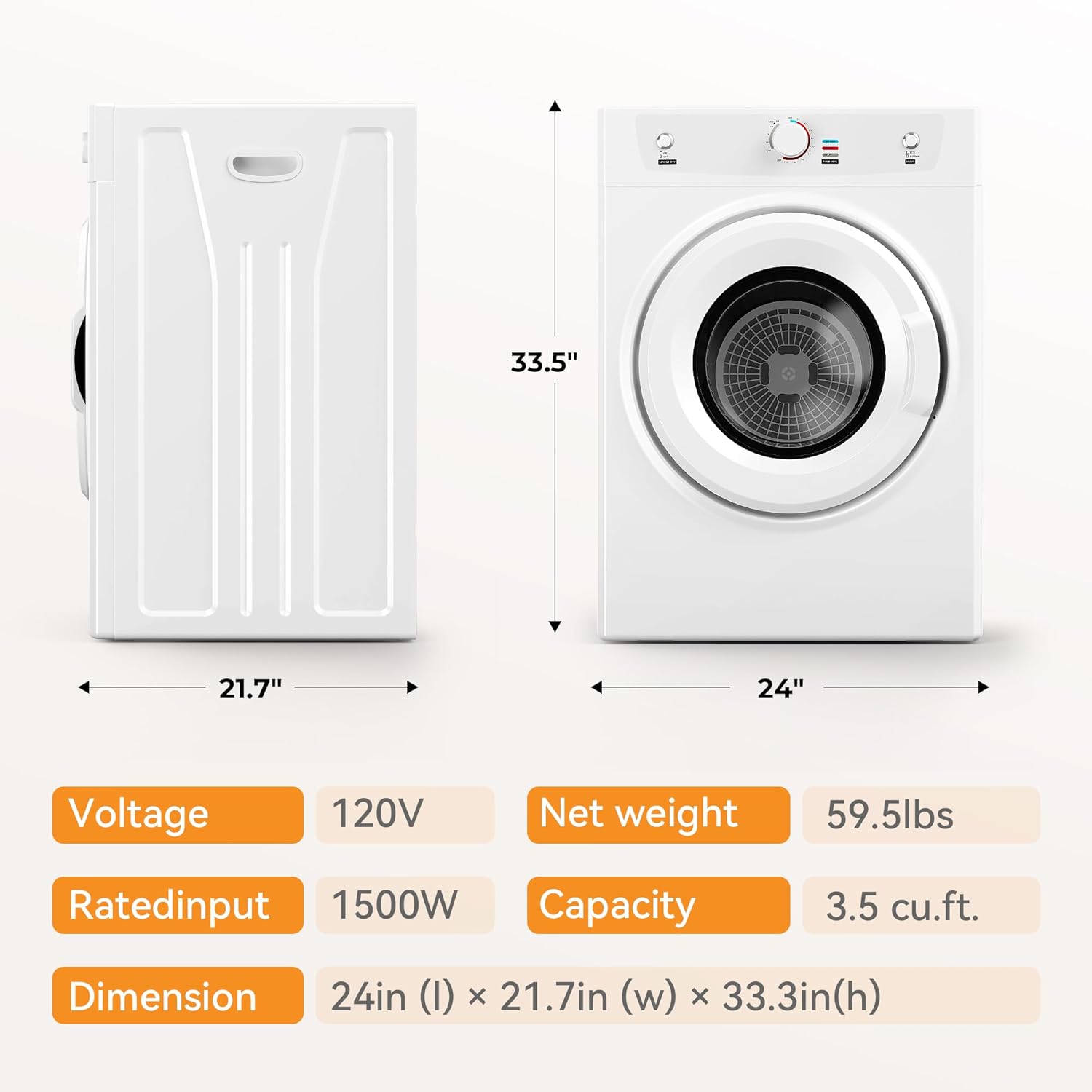 3.5 Cu.Ft. Clothes Dryer, 1500W Portable Dryer,26.4 LBS Drying Machine with Stainless Steel Drum, Exhaust Pipe for Apartment, Dorm, Home