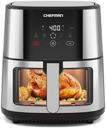 CHEFMAN Easy-View Air Fryer – 8 Qt Family Size with Viewing Window, One-Touch Digital Control with 4 Presets, Nonstick & Dishwasher Safe, Broil, Roast, Dehydrate, Bake, Auto-Shutoff, Stainless Steel