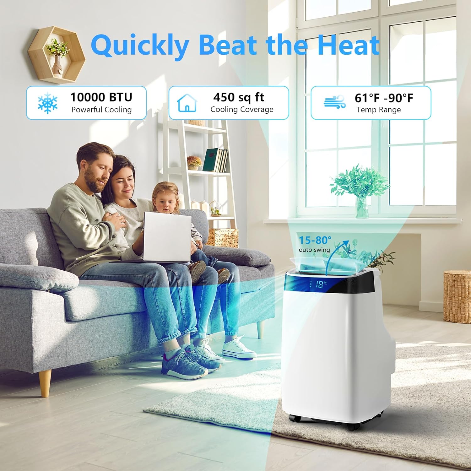 GarveeHome Portable Air Conditioner with Remote Control, 10000 BTU, 3 in-1 Quiet AC Unit, 3 Speeds, 24H Timer, Cools Room up to 450 Sq. ft, Multi-Function Modes, Smart Control Panel