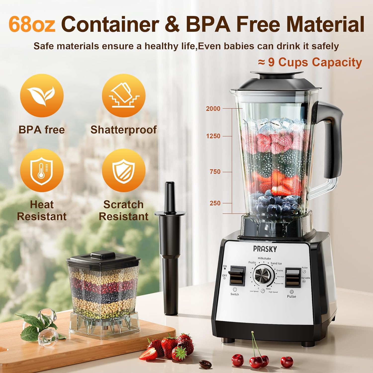 Countertop Blender, 70oz Capacity 1000W Motor 6 Speeds, 2 Container with 25oz To-go Cup, Blender for Fruits, Vegetables, Ice, Coffee Bean, Spices (White)