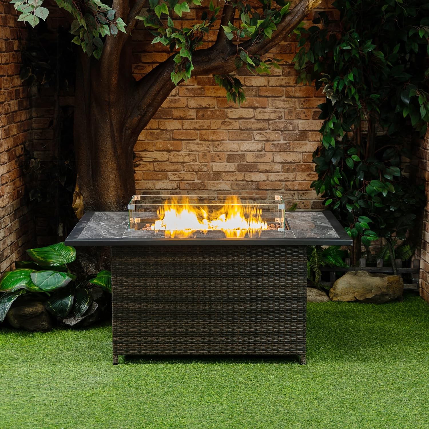 Propane Gas Outdoor Fire Pits Table with Tile Tabletop and Tempered Glass Around, 52 Inch Rectangular 50,000 BTU Auto-Ignition Wicker Base Fire Pit Table for Patio Garden Deck Backyard