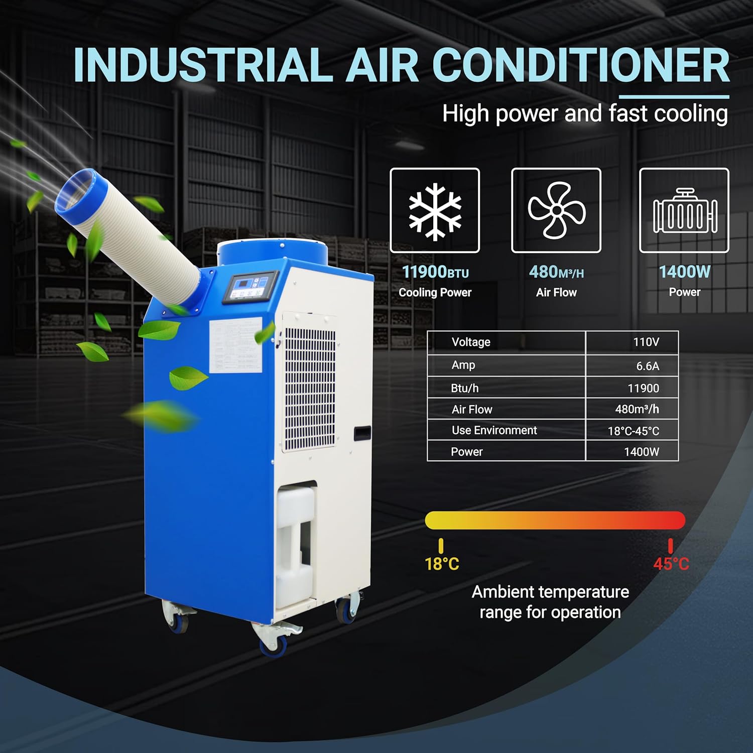 11900BTU/H Portable Air Conditioner Industrial Grade Portable Mobile Spot Cooler for Temporary Outdoor Events Industrial Air Conditioner with 3.7Gal Water Tank Single Duct 1.4KW 110V
