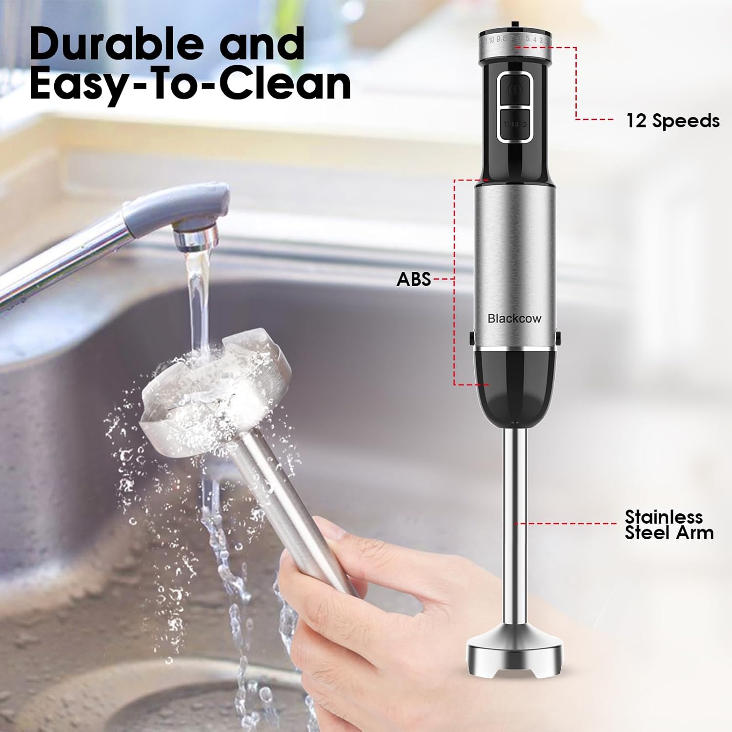 Blackcow Immersion Blender Handheld, 800W Powerful Electric Hand Blender with Titanium Alloy Blades, 12 Speeds & Turbo, Electric Hand Mixer for Smoothies, Soups, Baby Food and Purees