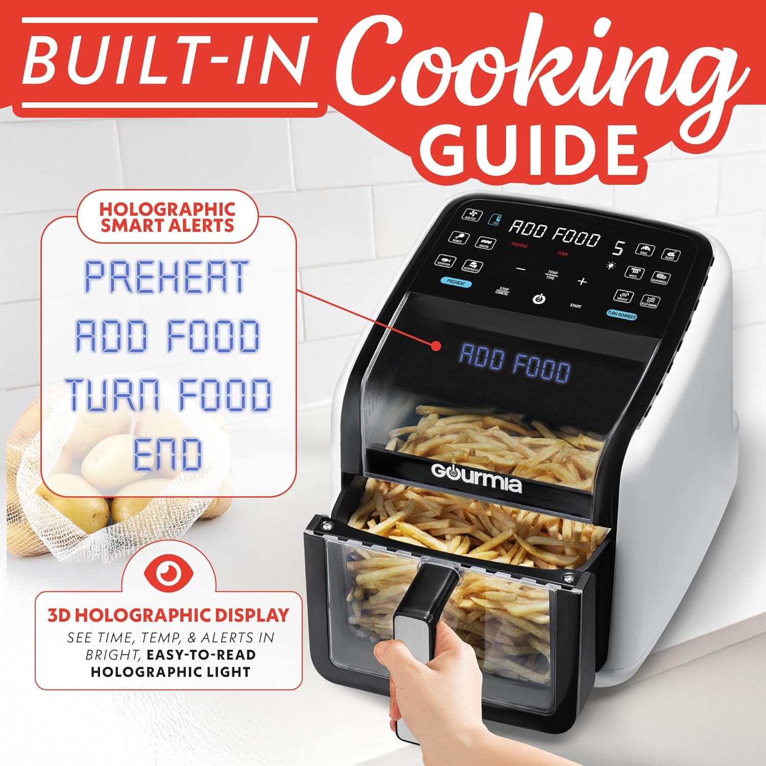 Gourmia Air Fryer 7 QT - Easy View Panoramic Window & Interior Light, Guided Cooking with 12 One-Touch Presets, FryForce 360, Dishwasher Safe Accessories, White