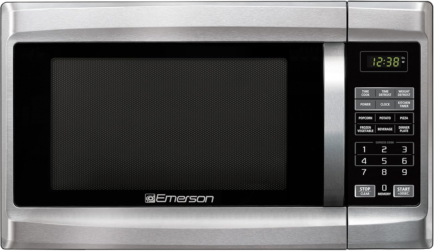 Emerson MW1338SB Countertop Microwave Oven, 6 Pre-Programmed Settings, Removable Glass Turntable, Child Safety Lock, 1.3 Cu ft, 1000W, Stainless Steel