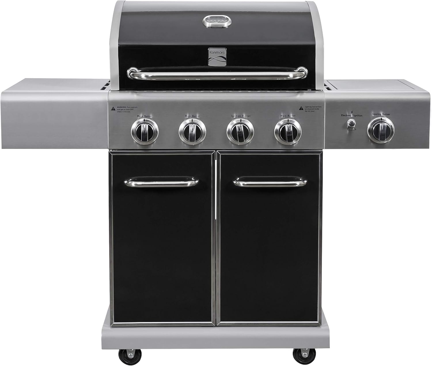 Kenmore 4-Burner BBQ Gas Grill with Searing Side Burner, Propane Grill, 52,000 BTUs, Warming Rack, Electronic Ignition & Cast Iron Cooking Grates, Black/Stainless Steel