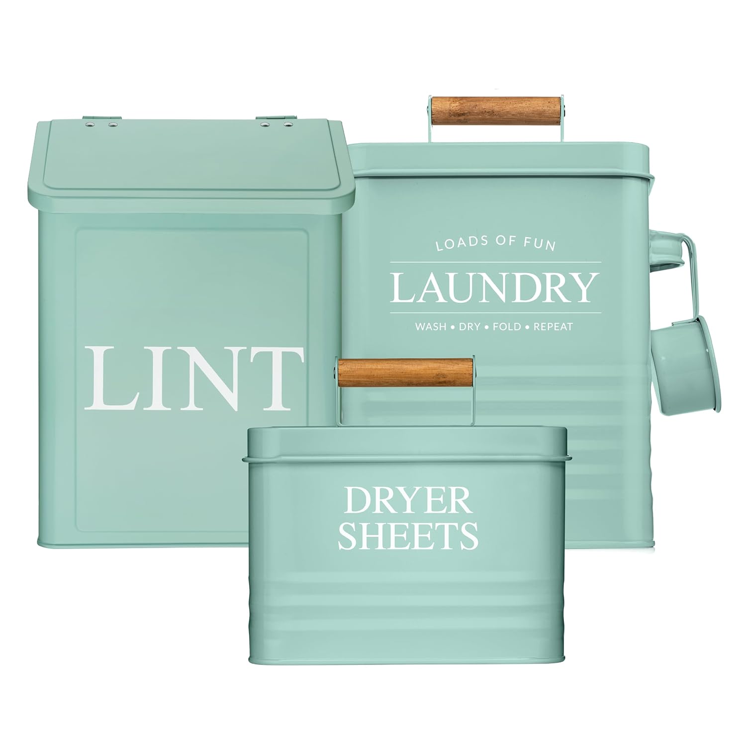 Calindiana Modern Farmhouse Lint Bin, Dryer Sheets Holder and Laundry Powder Pods Container Bundle for Laundry Room Organization and Storage, Laundry Room Decor, Mint