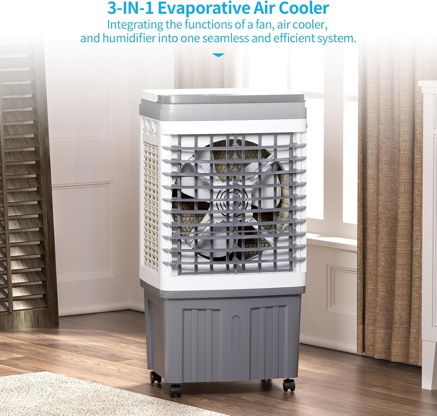 110V Evaporative Air Cooler with 6.6 Gal Water Tank, 3 IN 1 Portable Air Conditioners with Remote, Portable Air Cooler with Water Level Alarm, 3 Speeds, 7.5H Timer, Ideal for Indoor, Outdoor