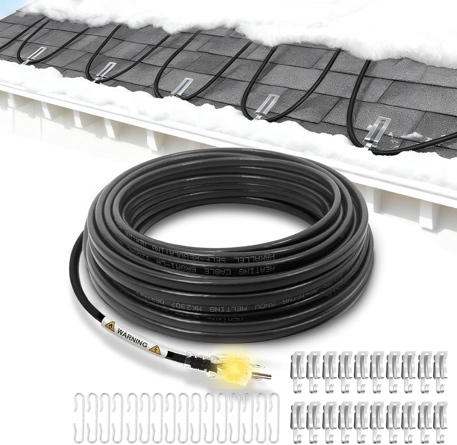 105 Ft. 120 V Ice Dam &Pipe Freeze Protection Gutter Heat Cable with 10 ft Power Cold-Lighted Plug, Electric Heat Tape 7 W/Ft with Roof Clips and Spacers