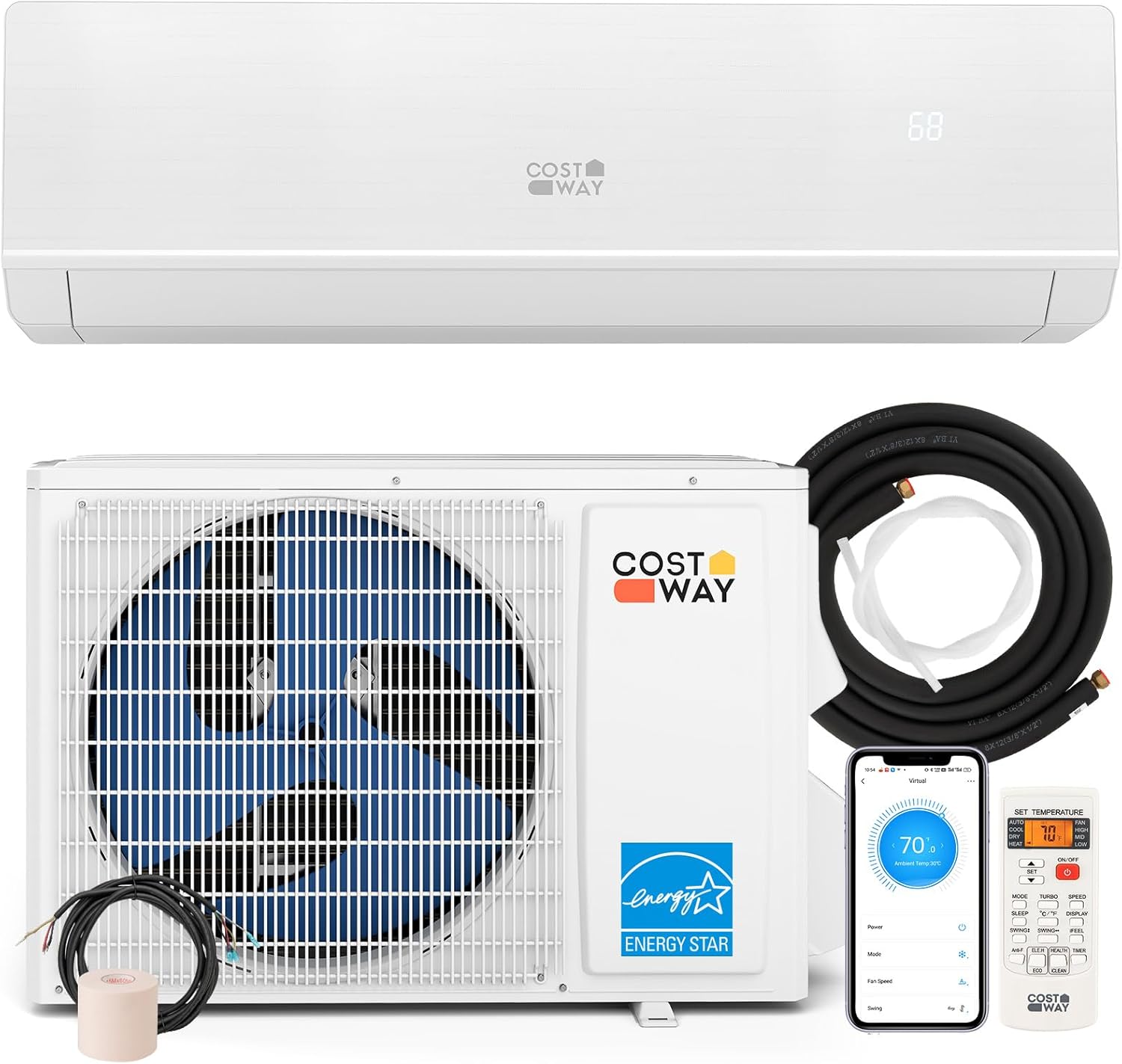 COSTWAY 24000 BTU Mini Split Air Conditioner & Heater, WiFi Enabled 25 SEER2 208-230V Ductless Inverter AC Unit w/2 Ton Heat Pump & Installation Kit, Works w/Alexa, Cools Rooms Up to 1500 Sq.Ft