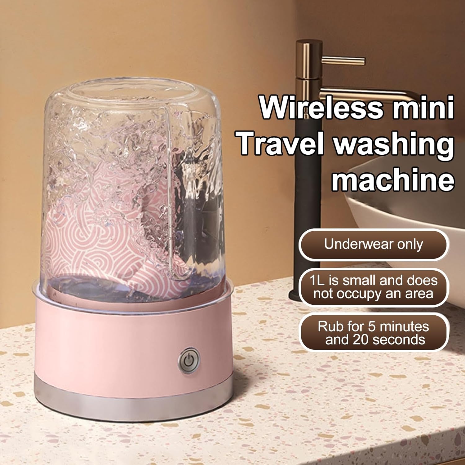 Portable Washing Machine 1L,Rechargeable Mini Laundry Machine,4000mAh Battery,Portable Laundry Machine for Underwear Small Clothes,Suitable for Apartment,Hotel,Camping,RV (Pink)