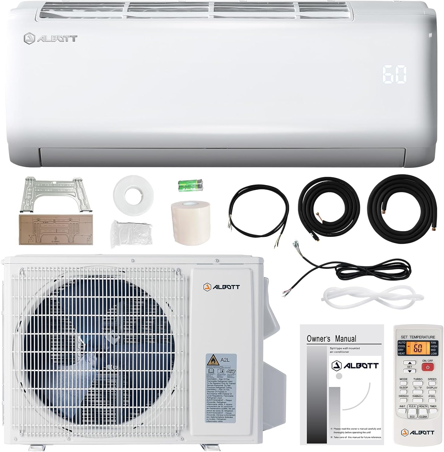 Albott 9000 BTU Mini Split Air Conditioner Heat Pump, Inverter Ductless AC, Cools up to 450 Sq. Ft, Energy-Efficient with Self-Cleaning, SEER2 18.5, 220V