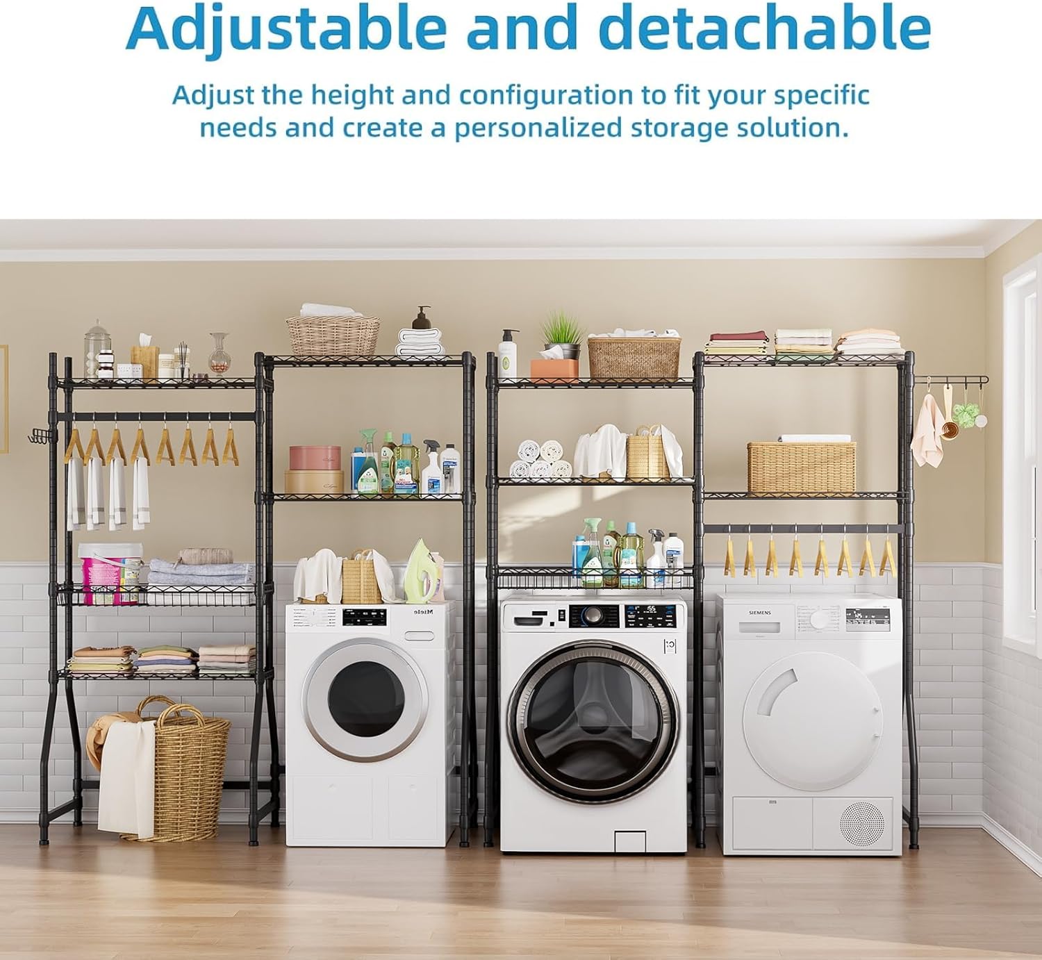 Over Washer and Dryer Shelves,Heavy Duty Laundry Room Storage Organization Clothes Drying Rack,5 Tier Adjustable Height Wire Shelving and Wire Basket with Hanger Rod&Hook,Space Saving Shelf