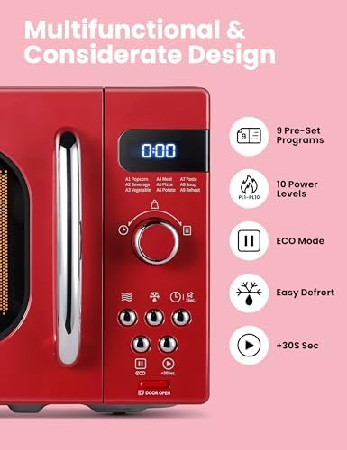 COMFEE' Retro Small Microwave Oven With Compact Size, 9 Preset Menus, Position-Memory Turntable, Mute Function, Countertop, Perfect For Small Spaces, 0.7 Cu Ft/700W, Red, AM720C2RA-R
