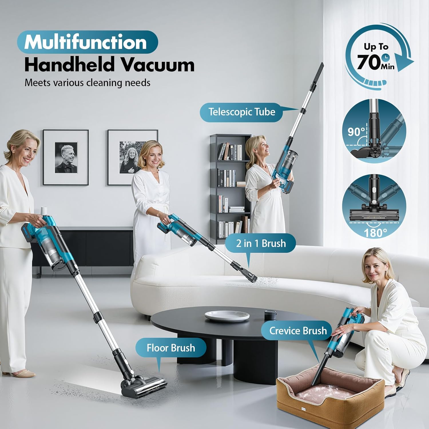 700W Cordless Vacuum Cleaners for Home with 2*Battery 8000mAh, 60kPa Brushless Rechargeable Stick Vacuum with 3 Mode, 6 In 1 Portable Handheld Cordless Vacuum for Pet Hair /Hardwood Floor/Carpet /Dorm