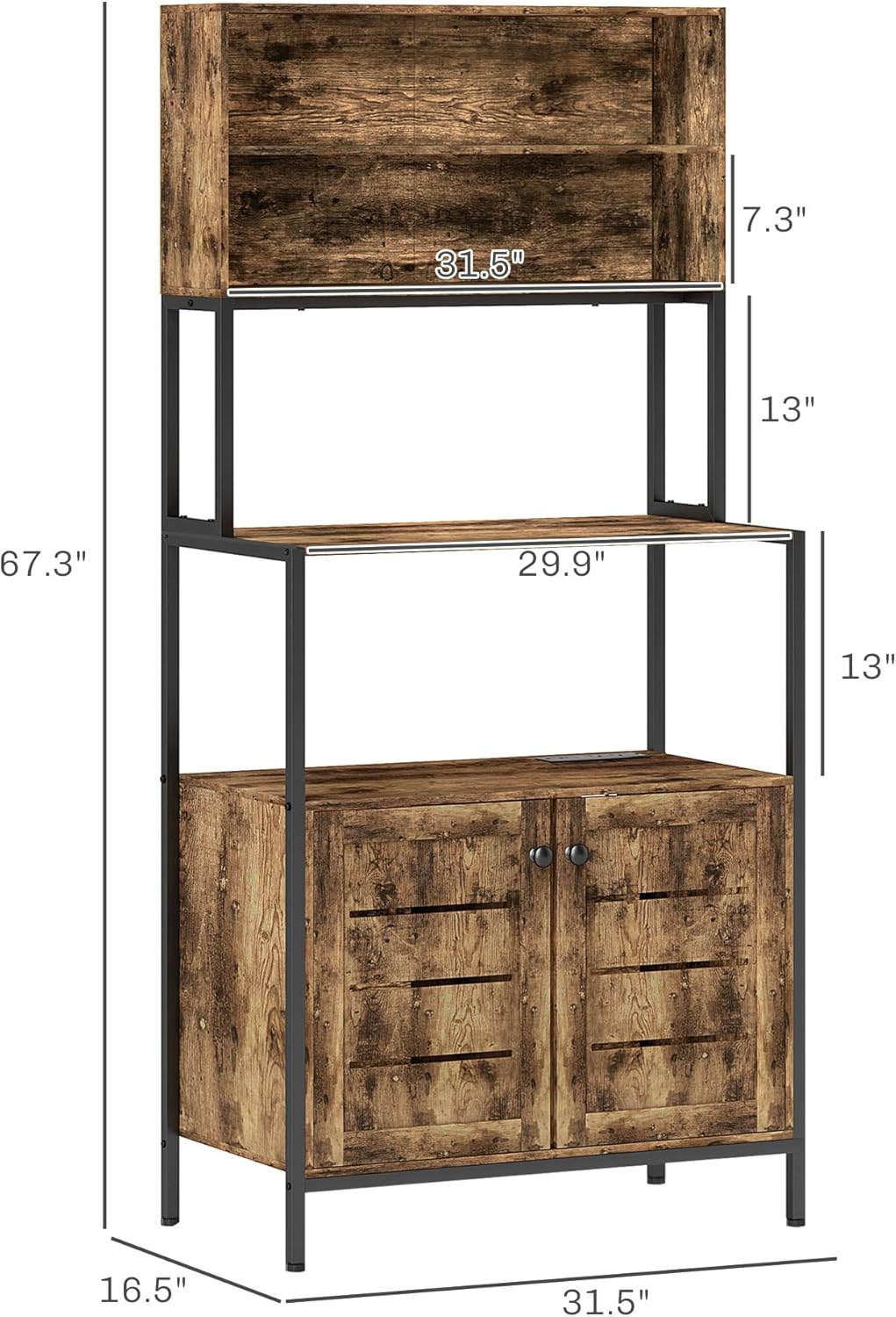 HOMCOM Kitchen Bakers Rack with Power Outlet, Coffee Bar Cabinet with Storage Shelves, Microwave Stand with Louvred Door Cabinets, Rustic Brown