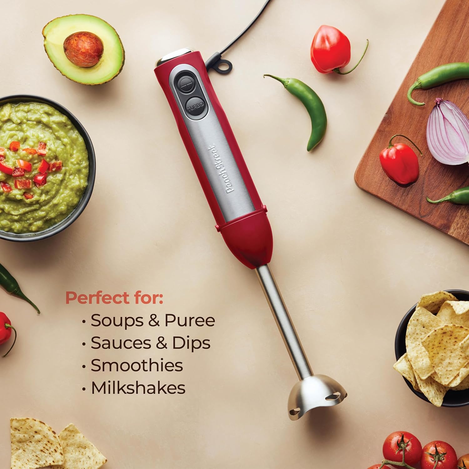 Powerful Immersion Blender, Electric Hand Blender 500 Watt with Turbo Mode, Detachable Base. Handheld Kitchen Blender Stick for Soup, Smoothie, Puree, Baby Food, 304 Stainless Steel Blades (Red)