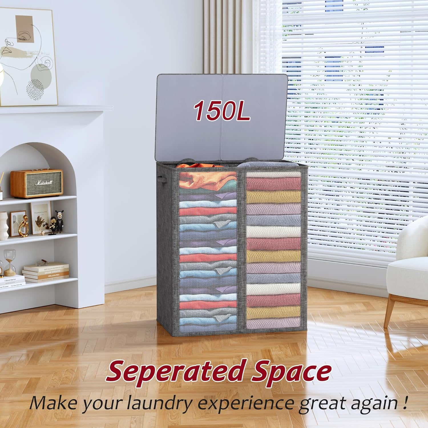 150L Laundry Hamper 2 Section, Large Laundry Hamper with Lid, Dirty Clothes Hamper with 2 Removable Inner Bags, Collapsible Laundry Basket Organizer for for Clothes Toys Towels, Hamper 2 Compartment