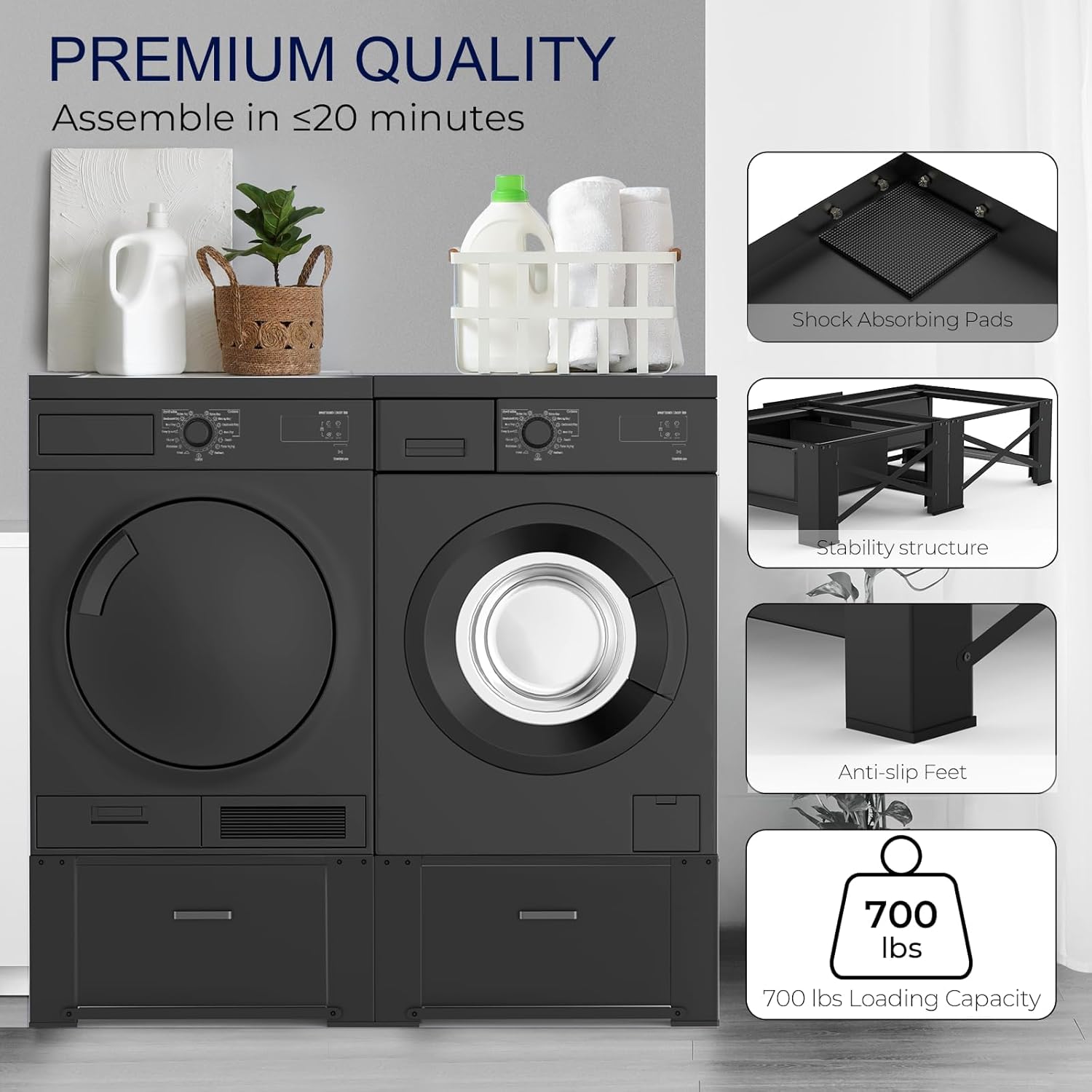 2 Pack Laundry Pedestals with Drawer, 29'' x 29'' x14.3'', Heavy-Duty Steel, Washing Machine Base Stand, Dryer Base Platform, Capable of Supporting 700 lbs, Black