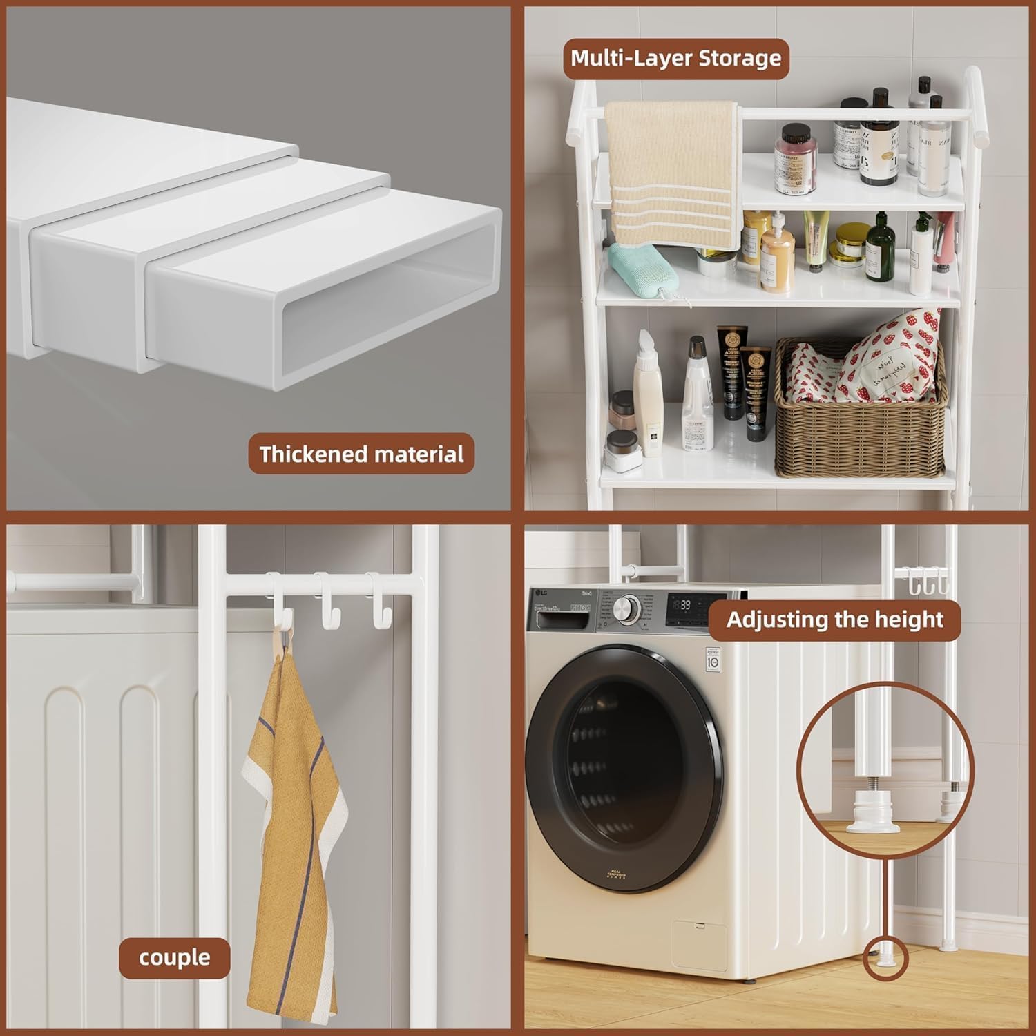 Over The Washer and Dryer Storage Shelf, 3 Tier Laundry Room Metal Drying Rack with Towels Hangers, Space Saver Organizer for Hanging Clothes and Towels (Metal White FA1)