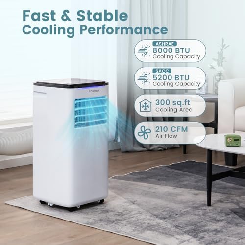 COSTWAY Portable Air Conditioners, 8000 BTU Portable AC Unit for Rooms up to 300 Sq.Ft with Cool, Fan, Dry & Sleep Mode, Timer, Remote Control & Window Vent Kit, 3-in-1 Portable AC for Bedroom, Office