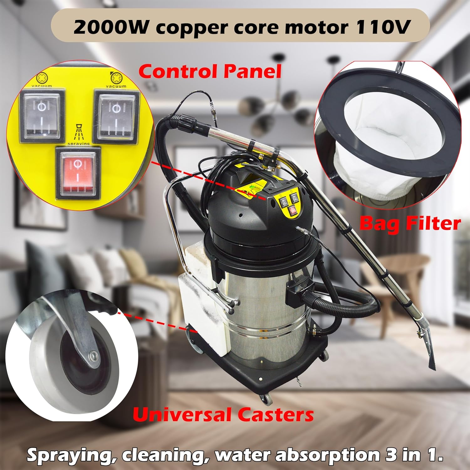 110V Carpet Extractor Machine 3 in 1 Wet Dry Vacuum Cleaner 80L Portable Commercial Carpet Cleaning Machine for Home Commercial Use 2000W