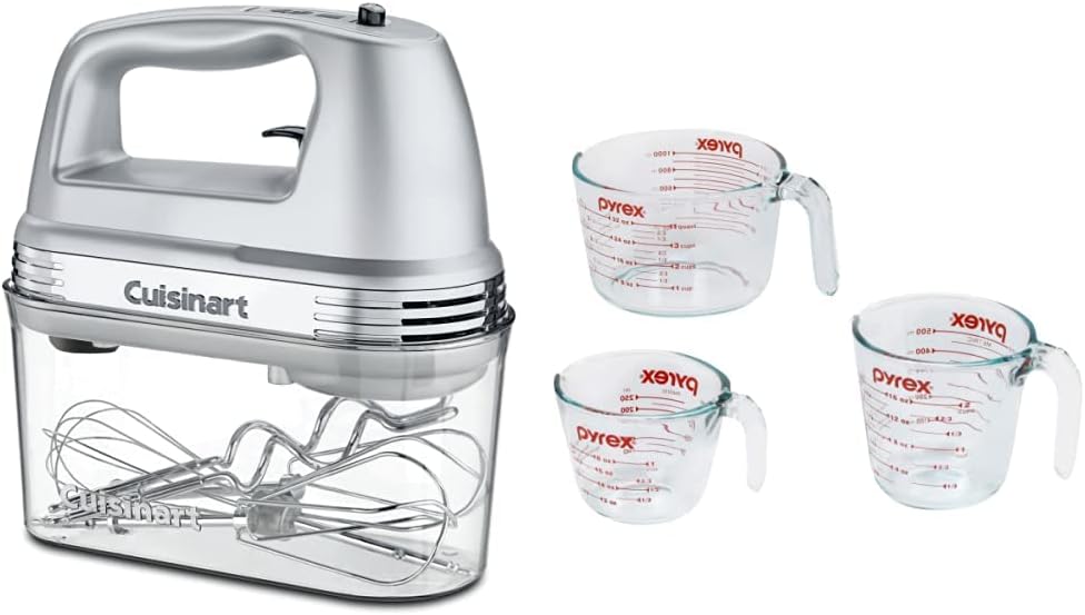 Cuisinart HM-90BCS Power Advantage Plus 9-Speed Handheld Mixer with Storage Case, Brushed Chrome & Pyrex Glass Measuring Cup Set (3-Piece, Microwave and Oven Safe),Clear