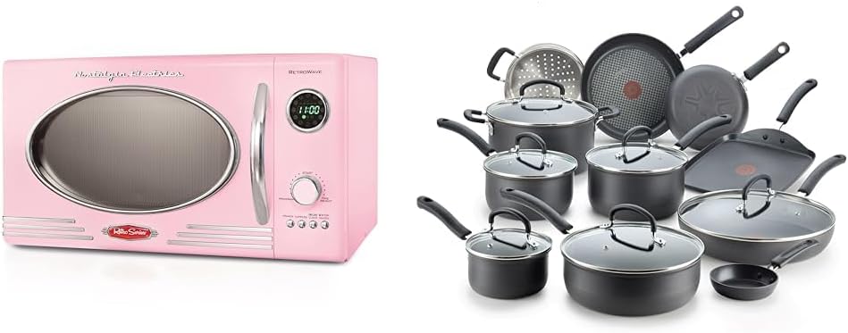 Nostalgia Retro Countertop Microwave Oven - Large 800-Watt - 0.9 cu ft & T-fal Ultimate Hard Anodized Nonstick Cookware Set 17 Piece Oven Safe 400F