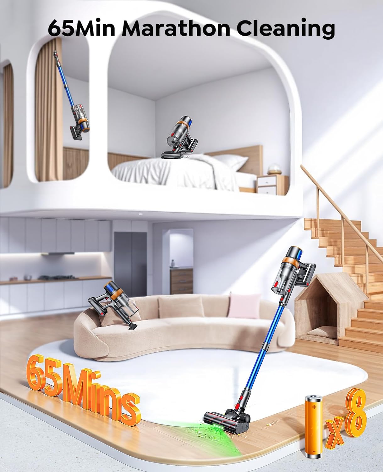 Cordless Vacuum Cleaner, 600W 50KPA 65Mins Vacuum Cleaners for Home, Upgraded Stick Vacuum with Extra Mattress Cleaning Tool, Self-Standing, Anti-Tangled Vacuum Cordless for Pet Hair/Floors/Carpets