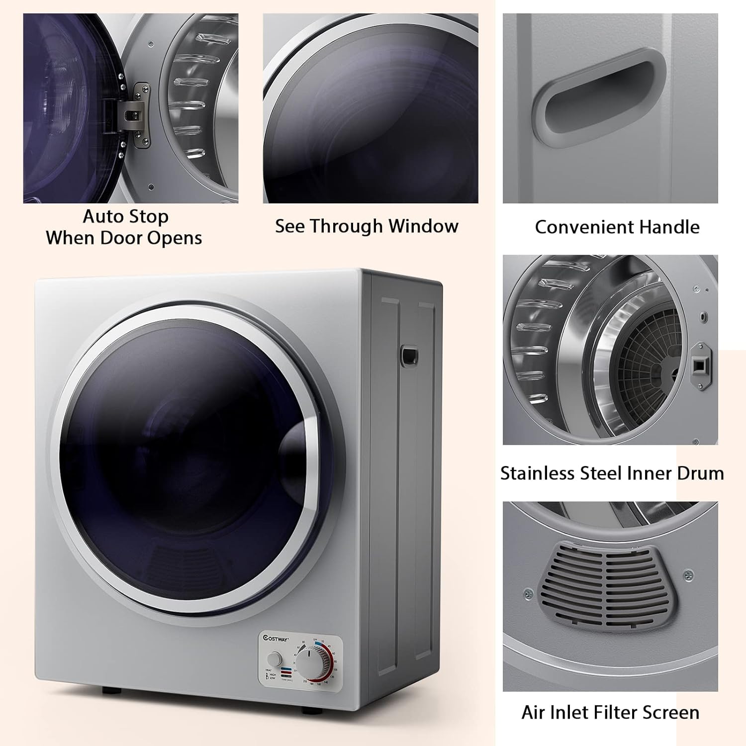 COSTWAY Compact Laundry Dryer, 110V Electric Portable Clothes Dryer with Stainless Steel Tub, Control Panel Downside Easy Control for 4 Automatic Drying Mode (Stainless Steel-Silver)