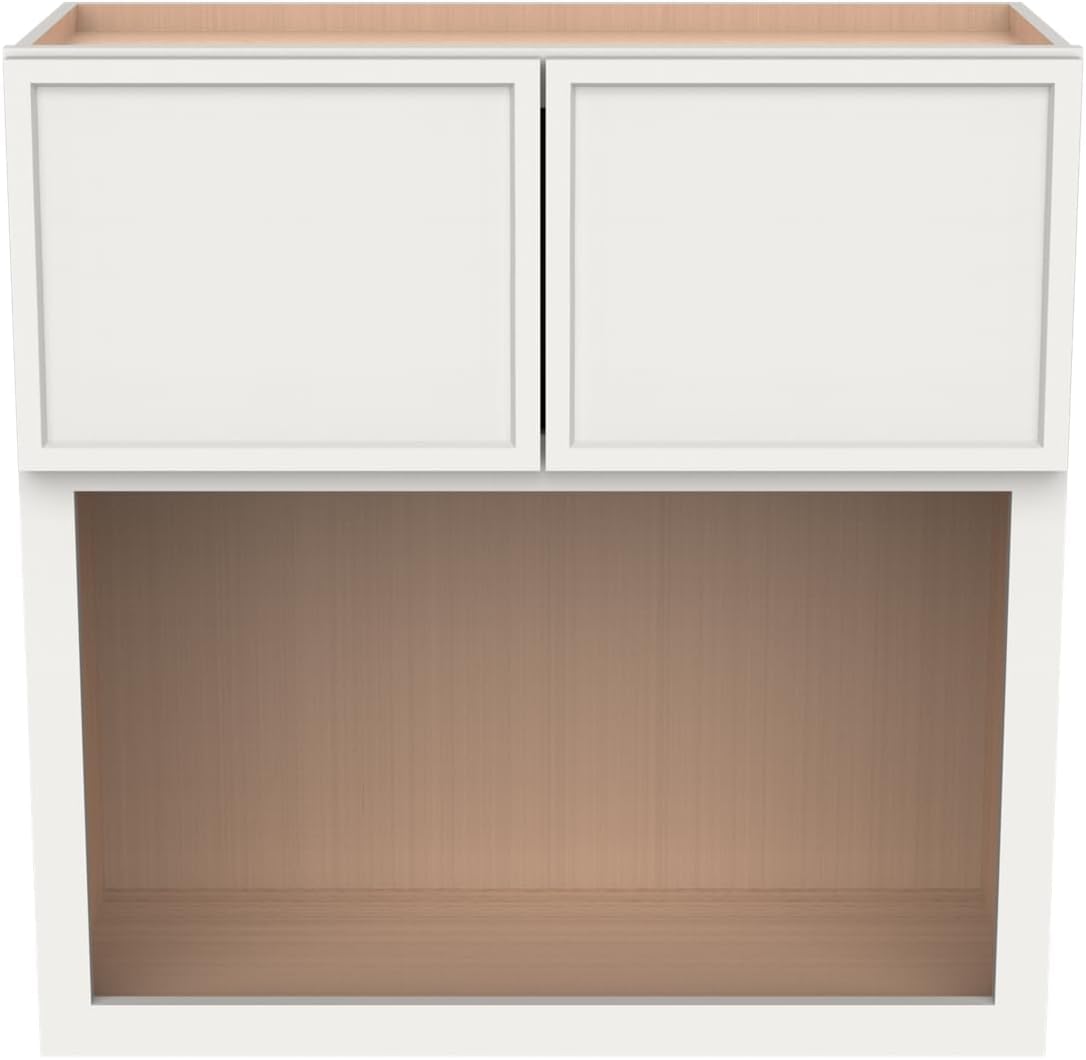Solid Wood RTA Wall Microwave Cabinet with Open Shelves – Shaker Style, Space-Saving Kitchen Pantry Storage, Durable and Versatile Wall-Mounted Organizer (NT-Origami White, 30