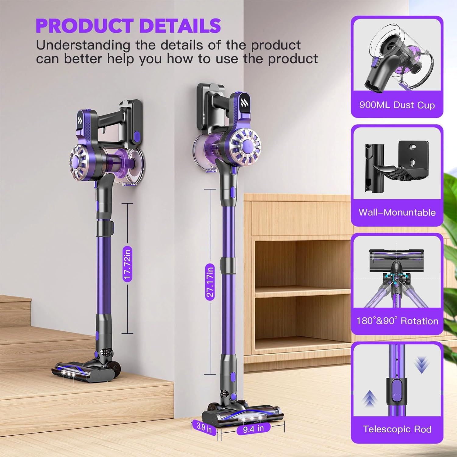 Cordless Vacuum Cleaner,Vacuum Cleaners for Home with Super Suction,Lightweight Stick Vacuum with 35 Mins Runtime,Rechargeable Cordless Vacuum for Carpet, Tile, Pet Hair, Hardwood Floors(Dark Purple)