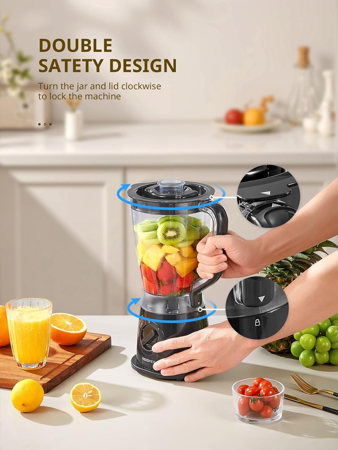 Reemix Blender, 50oz Countertop Blender - 2 Adjustable Speeds + Pulse, Dual Safety Locks, Dishwasher-Safe Pitcher for Smoothies, Crushing Ice & Family Meals