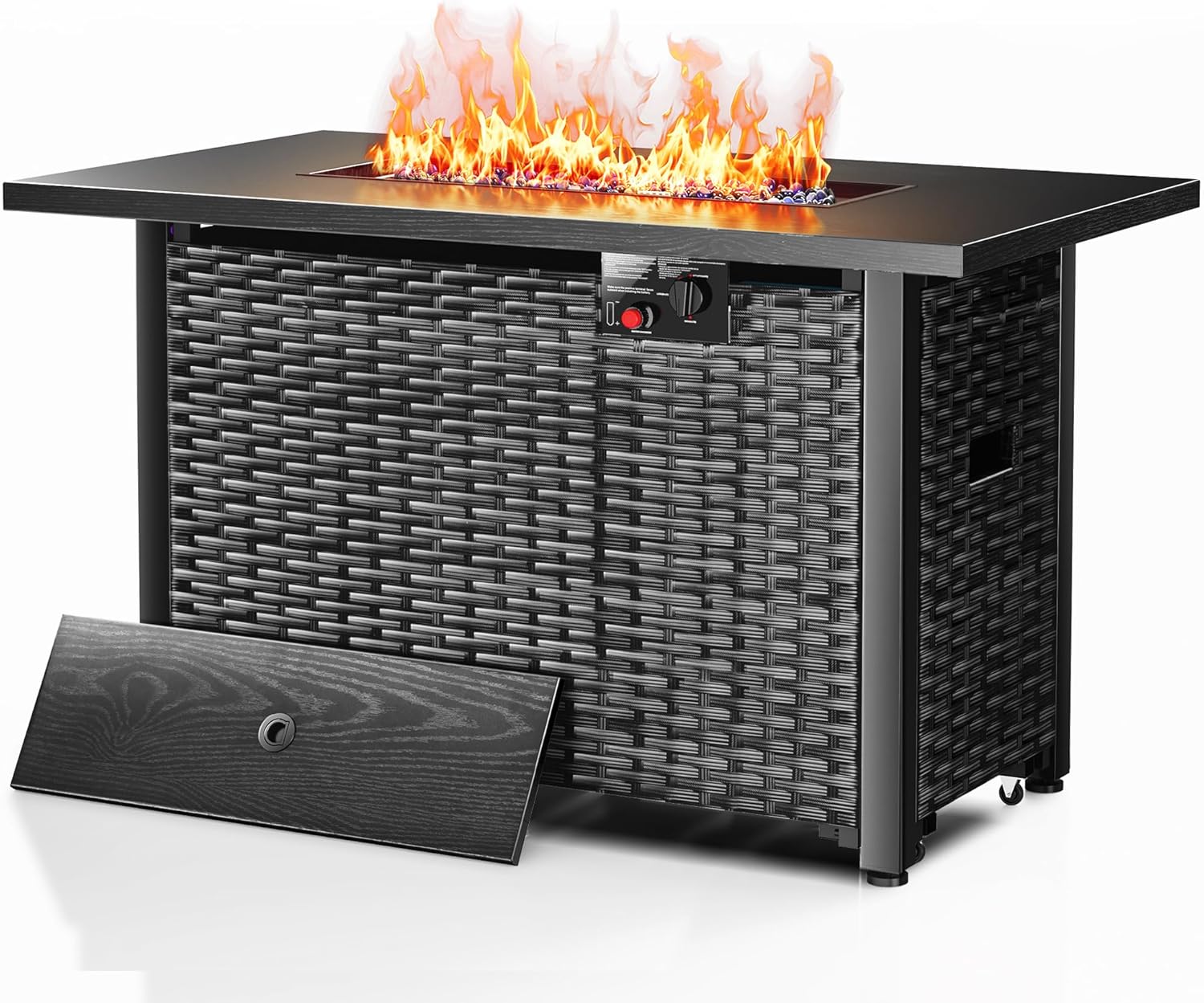 43” Outdoor Propane Fire Pit Table, 50,000 BTU Square Rattan Gas Fire Pit with Lid & Blue Crystal Stones, Steel Tabletop, Adjustable Flame, 4-in-1 FirePit Table for Patio, Backyard, Outdoor Gatherings