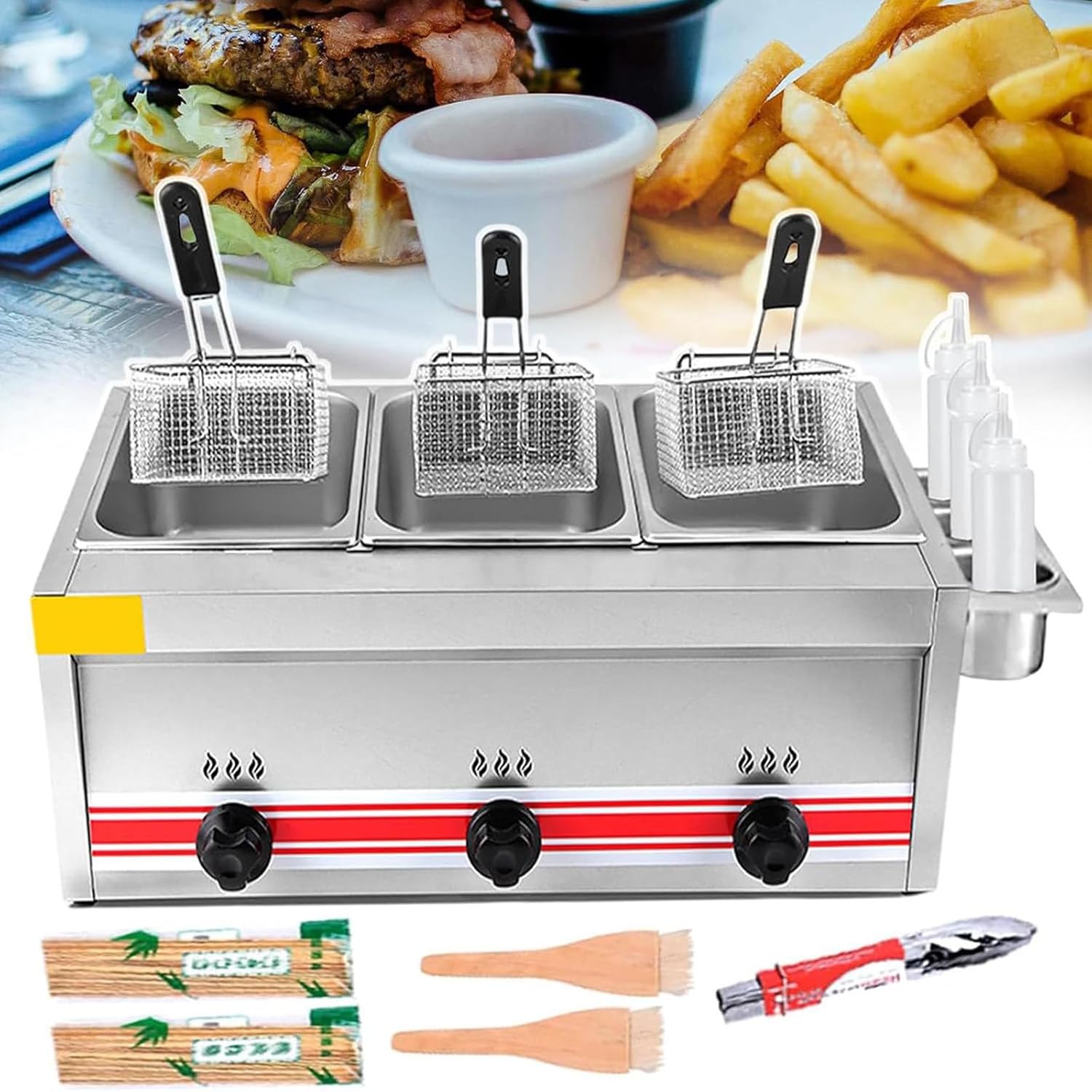 Gas Fryer for Home and Commercial Use, Customizable Flame and Temperature, Easy-to-Clean Stainless Steel Design,Triplecylinder10l+10l+10l