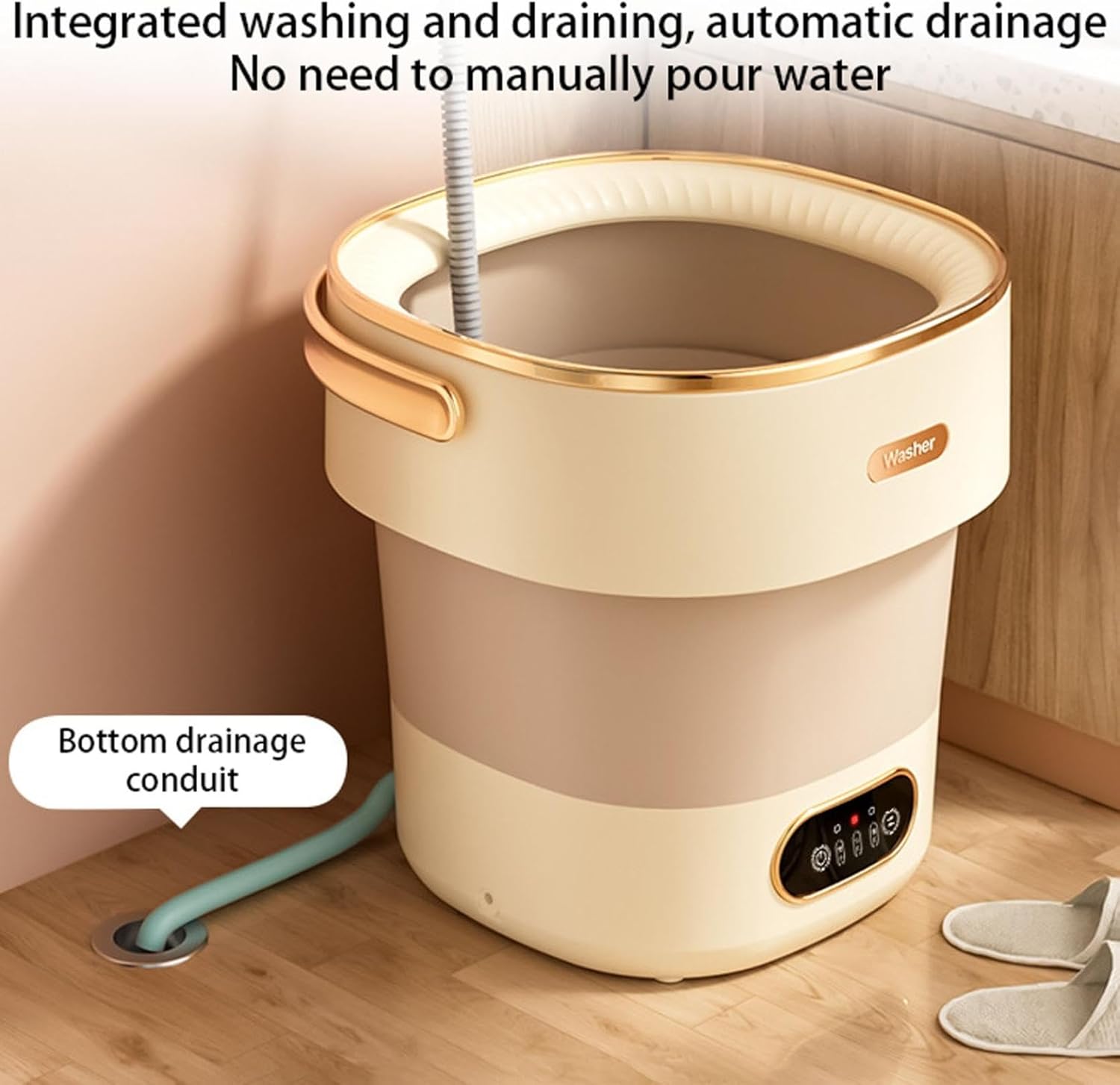 Mini Portable Washing Machine Laundry Cup 15L Washer with 3 Cleaning Modes and Drain Pipe for Apartments Travel and RV, Folding Clothes Washing Machines for Underwear and Baby Clothes (Beige)