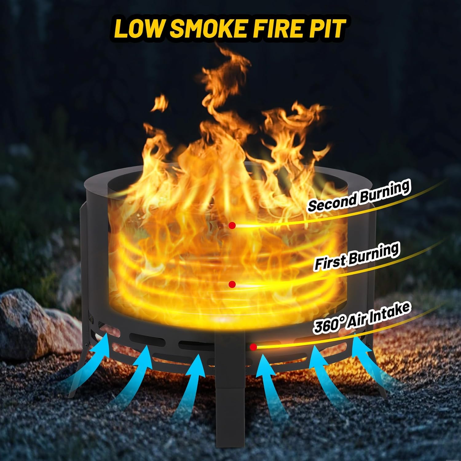 GarveeLife 26 in Smokeless Fire Pit with Ash Tray Base,Smokeless Outdoor Firepits with Adjustable Foot&Fire Poker,Firepit with Dust Bag,Outdoor Fire Pits for BBQ,Bonfire,Camping