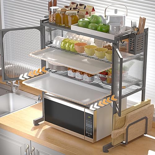 Countertop Microwave Oven Rack, Kitchen Dying Rack with Storage Cabinet Tableware Organizer Shelf with Draining Trays Knife/Chopping Board Holder