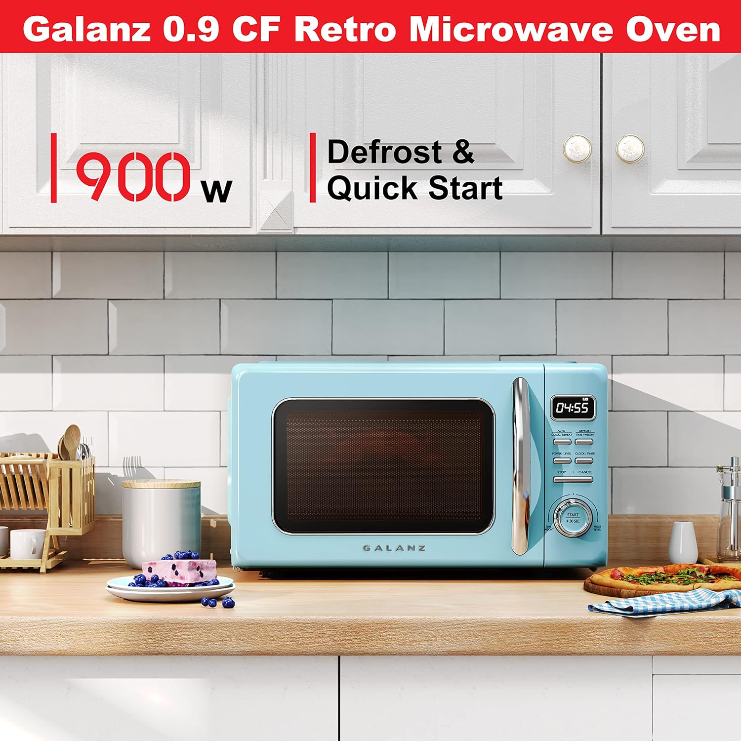 Galanz GLCMKZ09BER09 Retro Countertop Microwave Oven with Auto Cook & Reheat, Defrost, Quick Start Functions, Easy Clean with Glass Turntable, Pull Handle, 0.9 cu ft, Blue