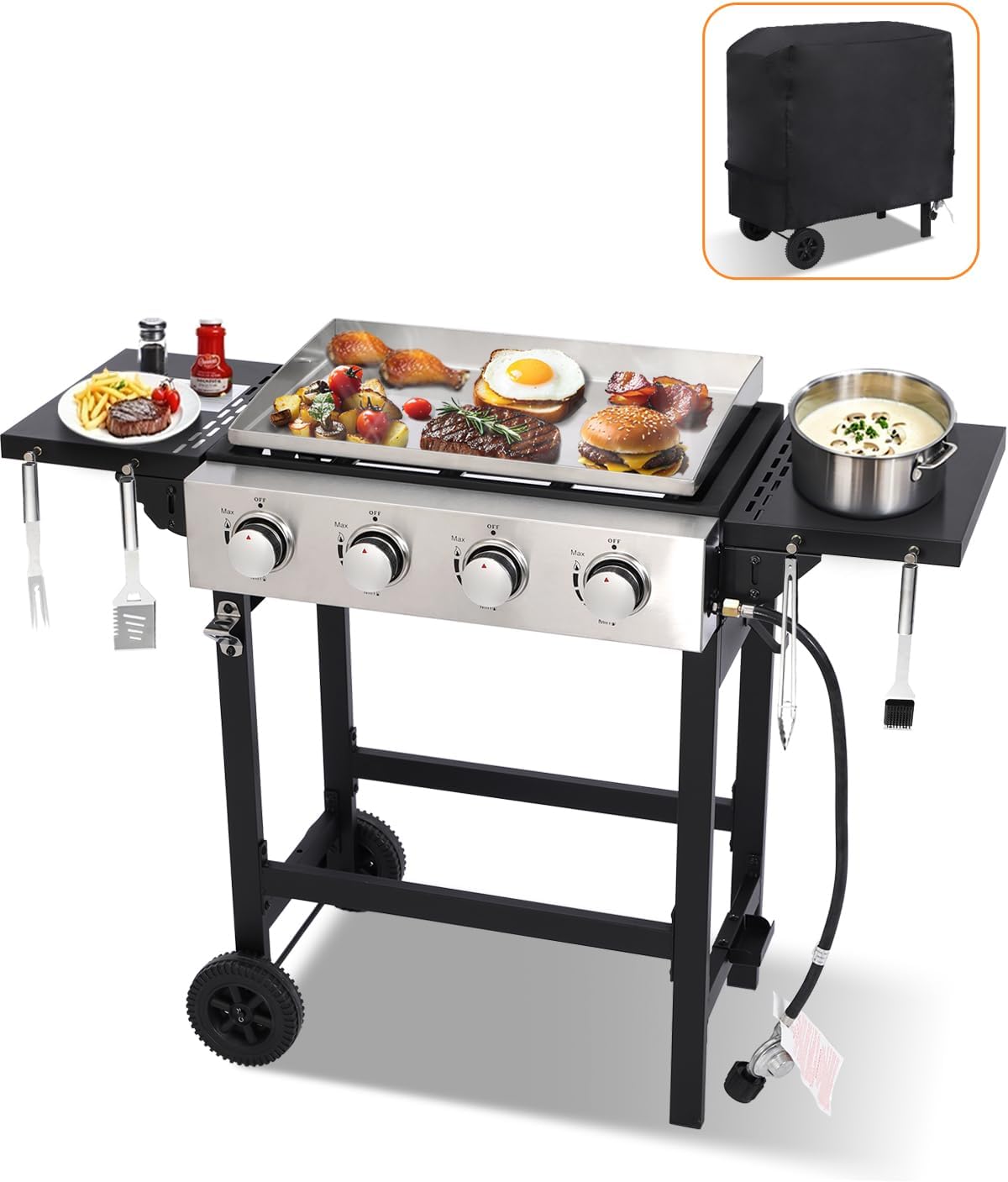 Propane Gas Griddle 4-Burner, Flat Top Grill Griddle, Outdoor Gas Stove with Foldable Side Tables, Wheels - 40,000 BTUs Output, 291 sq.in Cooking Area, for Patio Barbecue, Backyard, BBQ