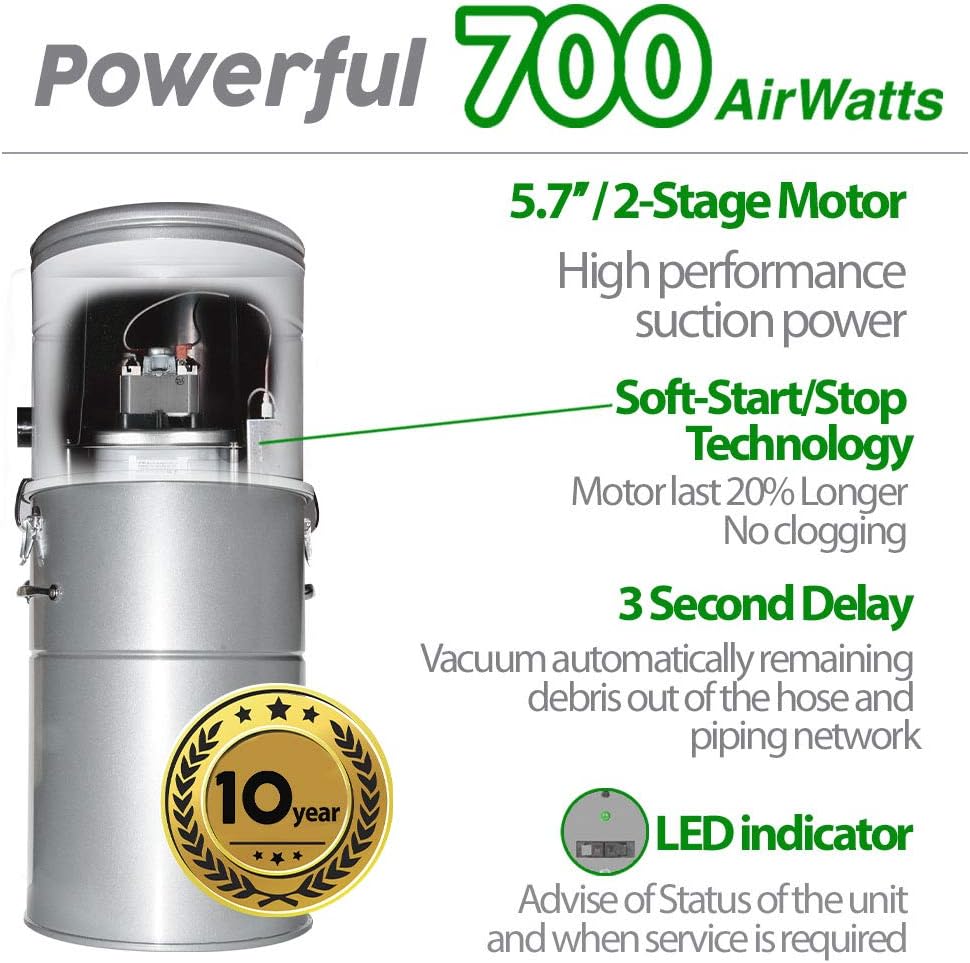 OVO Airwatts Heavy Duty Powerful Central Vacuum System, Hybrid Filtration (with or Without Disposable Bags) 35L or 9.25Gal, 700 Air watts with 35ft Premium Deluxe Plus Accessory kit Included, White