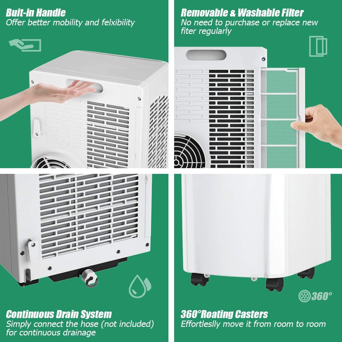 ARLIME Portable Air Conditioner 8000 BTU, 3-in-1 AC Units for Rooms with Fan & Dehumidifier Cools up to 250 sq. ft, Energy Saving Single Room AC with 2 Fan Speeds, Auto Swing, 24H Timer, Full-Function LED Remote Control, Side Handles & Wheels