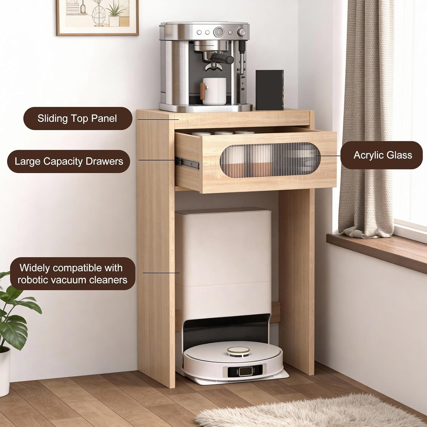 Robot Vacuum Storage Cabinet, Sweeping Robot Storage Rack with Acrylic Doors, Wood Household End Table to Hide Robot Vacuum for Living Room(Yellow,75x45cm/29.5x17.7in)