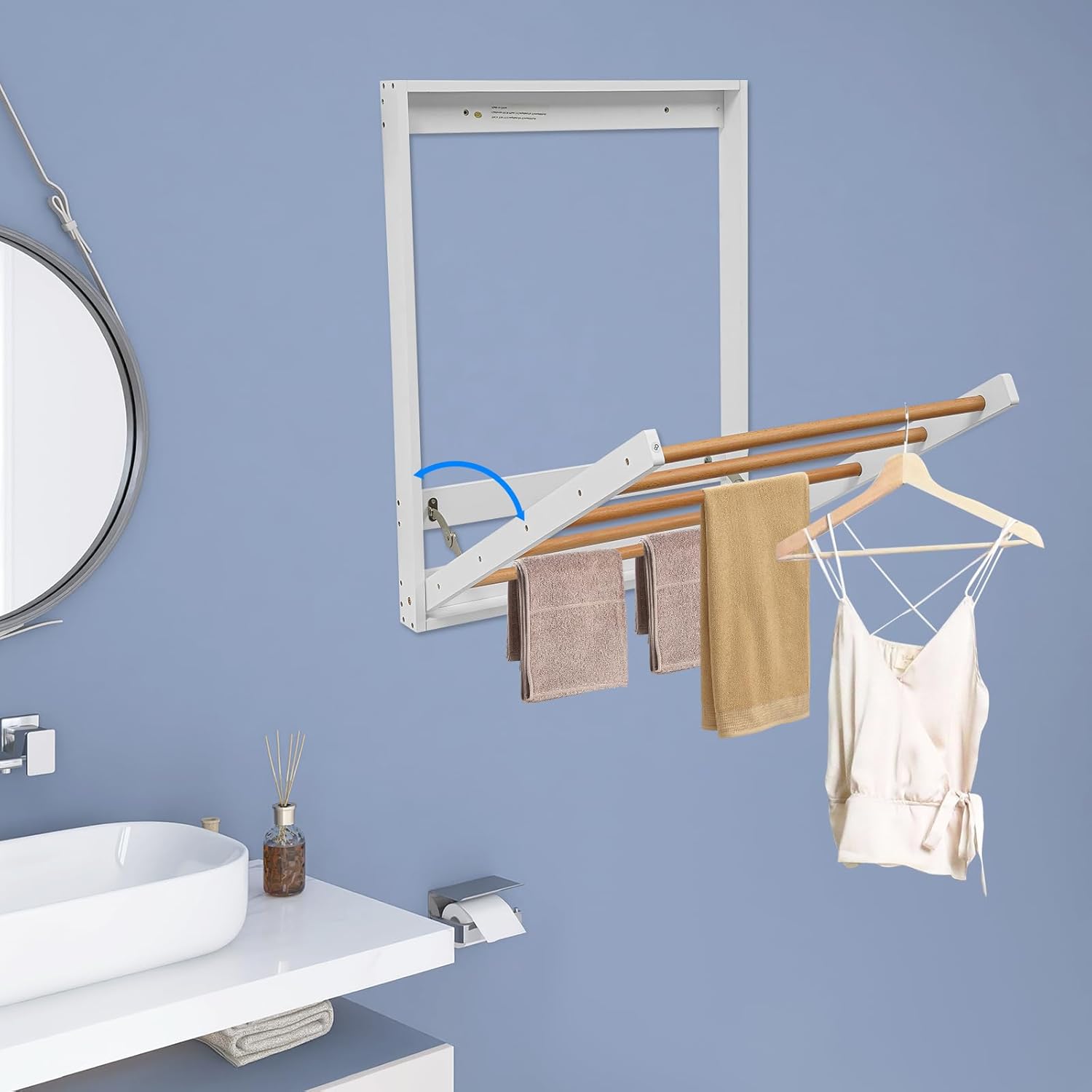 Wall Mounted Drying Rack, Modern Foldable Wooden Laundry Drying Rack, 5 Hanging Rods Laundry Dryer Rack, Space-Saving Door Mount Clother Organizer for Bathrooms, Bedrooms