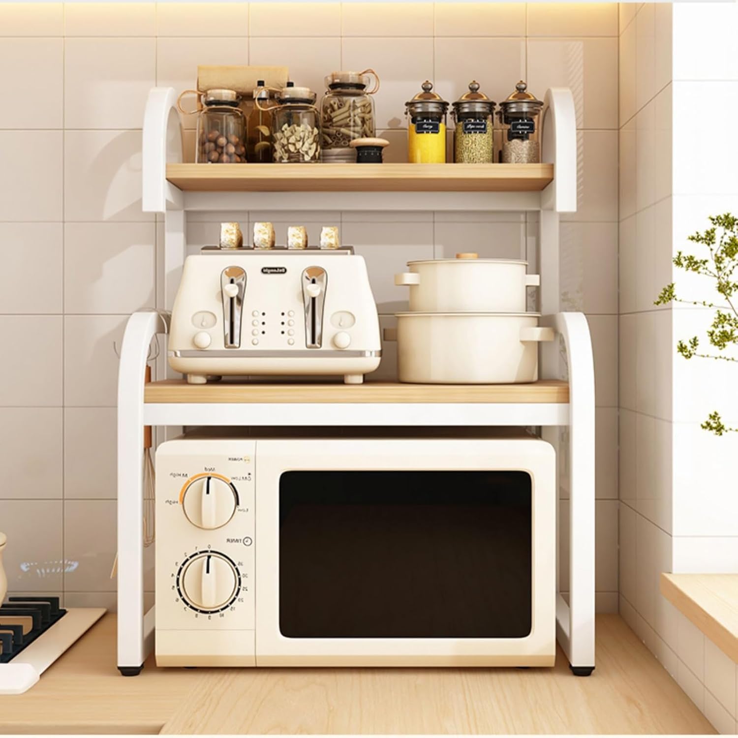 2-Tier Multifunctional Microwave Ovens Countertop, Stand Kitchen Storage Shelf Organizer, Kitchen Storage Organiser Cabinet, with 3 Hooks Kitchen Tableware Storage Shelf (Color : White, Size : 60 * 4