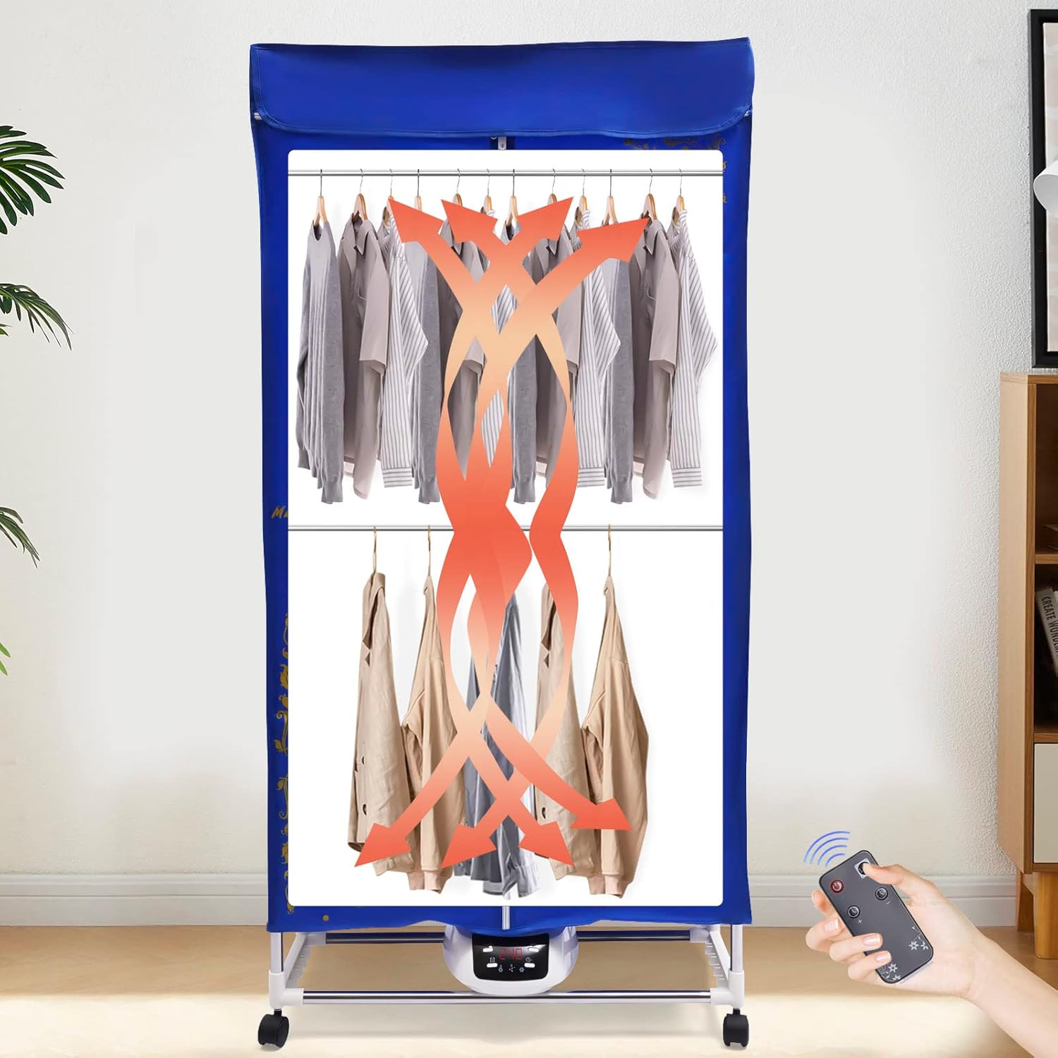 Electric Clothes Dryer 1500W Travel Dryer Machine with 4 Wheels 3 Gears Portable Clothes Dryer Remote Control Clothes Dryer Machine for Apartments Home