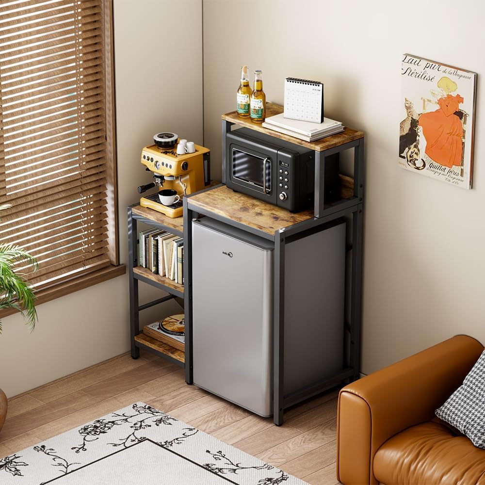 6-Tier Mini Fridge Cabinet Microwave Stand Baker Rack, Mini Fridge Stand with Storage Shelves, Microwave Oven Stand, Utility Storage Shelf for Kitchen, Living Room, Dorm, Patio.(Brown)
