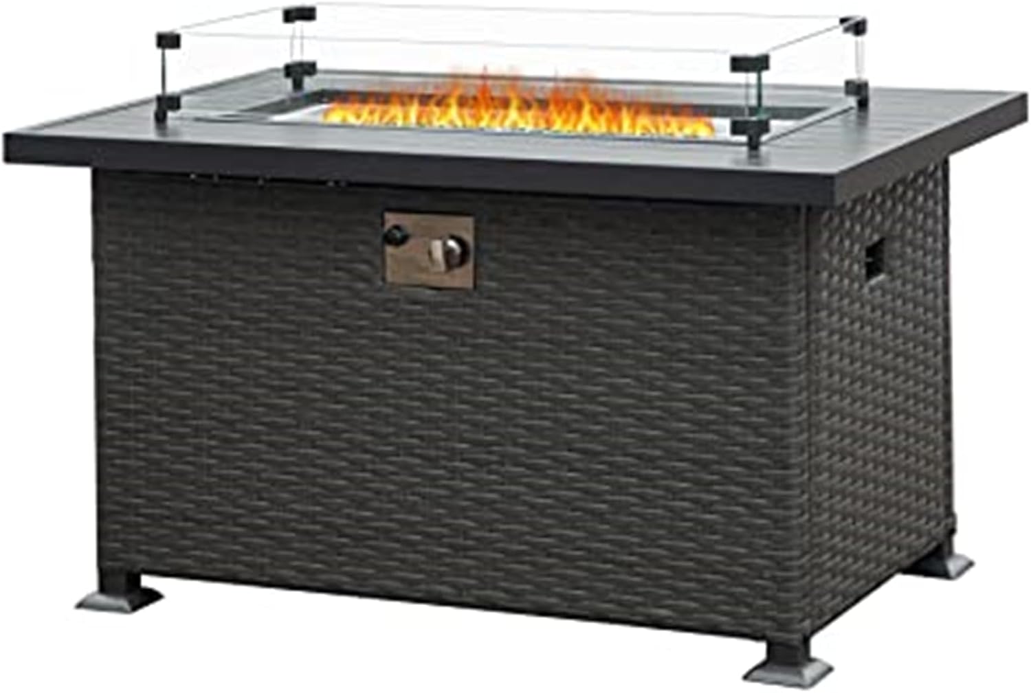 43.3 Inch Fire Pit Table with Glass Wind Guard, 50,000 BTU Smokeless Fire Pits for Outside with Aluminum Tabletop, Outdoor Wicker Gas Fire Pits for Patio