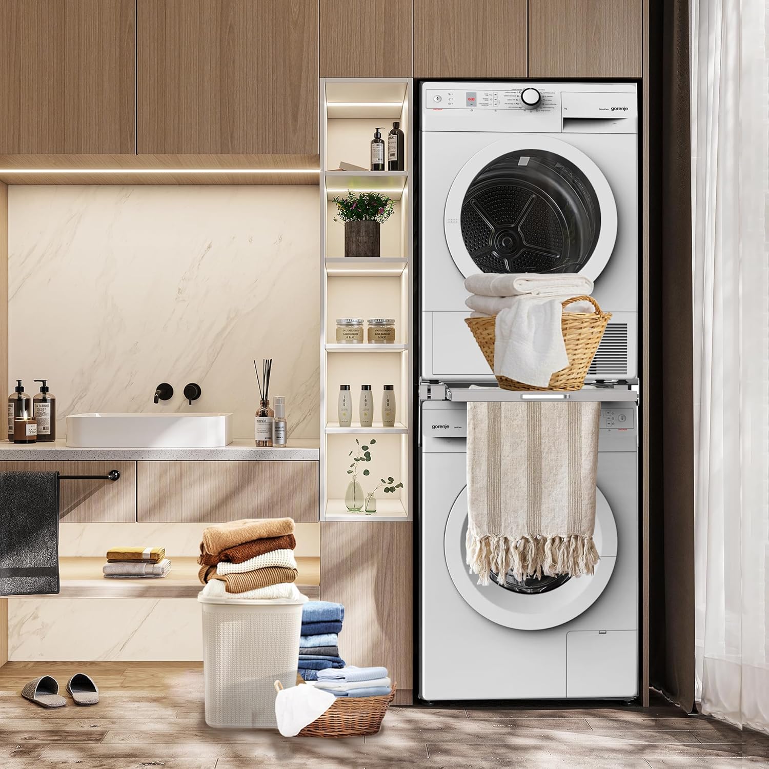 Stacking Kit for Washer and Dryer, 60x55cm, Washing Machine Stacking Kits with Pull-Out Plate, Metal Connecting Frame for Washing Machine Dryer with Drying Rack (Including Ratchet Ropes)