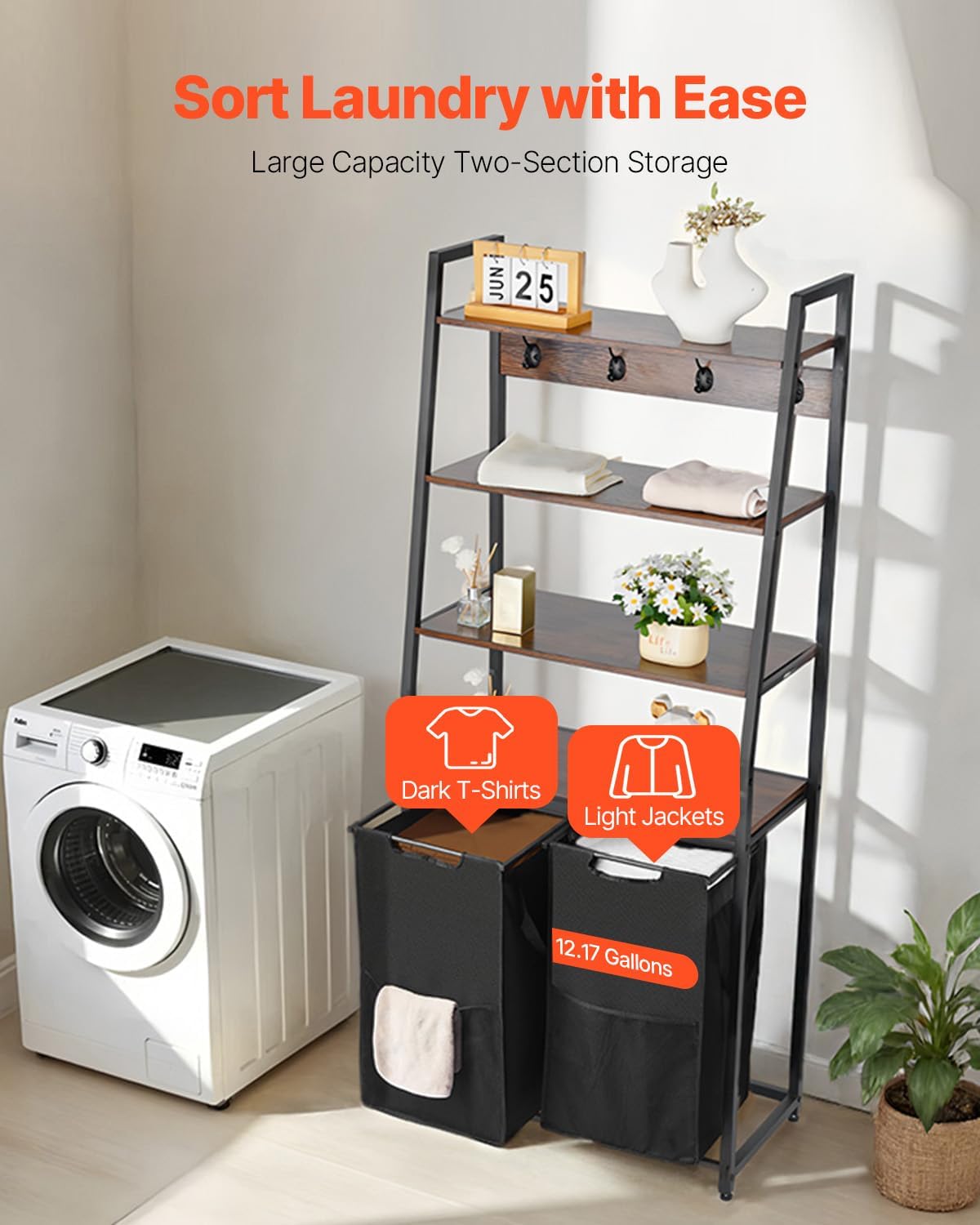 VEVOR 4 Tiers Laundry Sorter, Tall Laundry Hamper with Shelves and Hooks, 2 Section Freestanding Basket Organizer Storage with 600D Oxford Cloth Bags and Ladder Shelves for Dirty Clothes, Bathroom